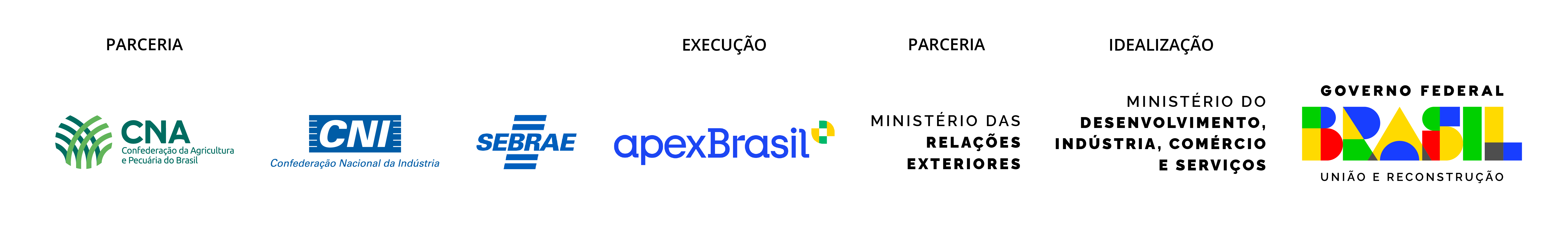 Logomarcas: Execução - ApexBrasil - Parceria: Confederação da Agricultura e Pecuária do Brasil, Confederação Nacional de Indústria, Sebrae e Ministério das Relações Exteriores, Idealização: Ministério do Desenvolvimento, Indústria, Comércio e Serviços